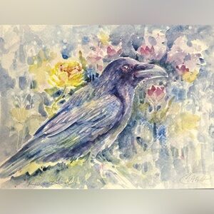 Raven Original Watercolor Painting black Bird garden Flowers decor Artettina USA